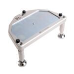 NP Elite Base Leveling Plate top-angle view – aluminium hub stand base with adjustable Hardox steel legs and bubble level for suspension geometry measurement