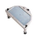 NP Elite Base Leveling Plate front view – precision hub stand leveling base showing integrated bubble level, Hardox steel adjustment feet and NP Parts branding for pit garage geometry setup