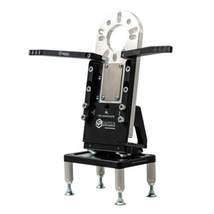 NP Pro Hub Stand RL front view – CNC machined aluminium hub stand for motorsport car geometry setup