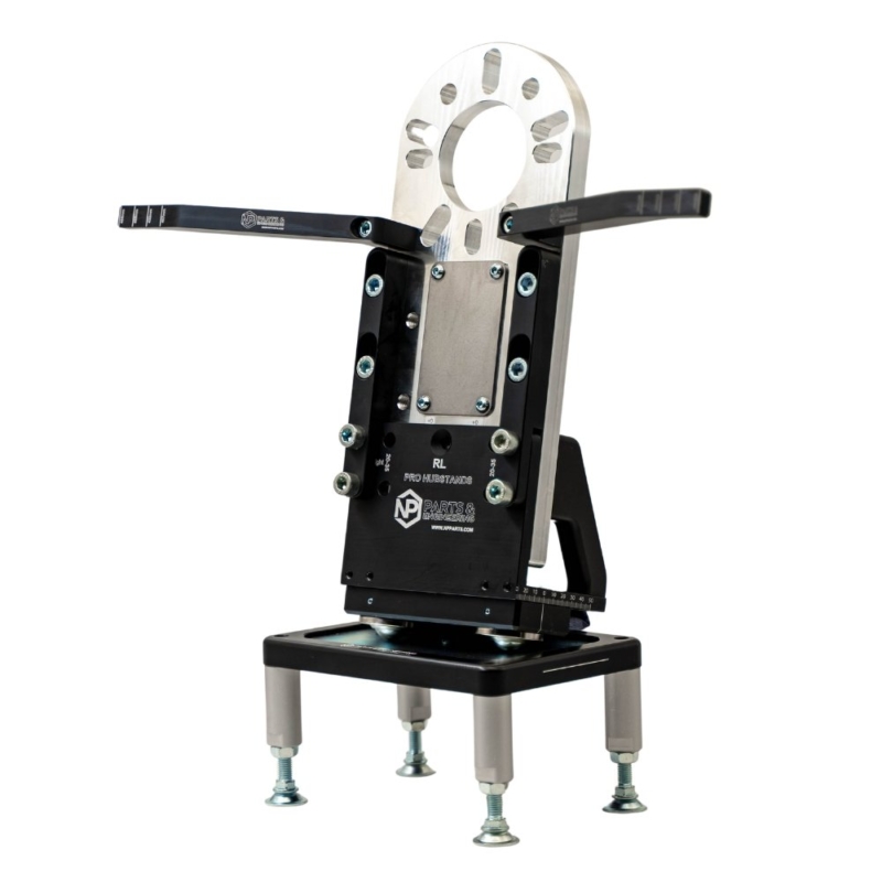 NP Pro Hub Stand RL front view – CNC machined aluminium hub stand for motorsport car geometry setup