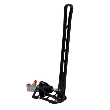 Hydraulic handbrake lever with normal master cylinder position, CNC-machined 6082-T6 aluminum, 410 mm handle, spherical ball bearing pivot, anodized finish (master cylinder not included).