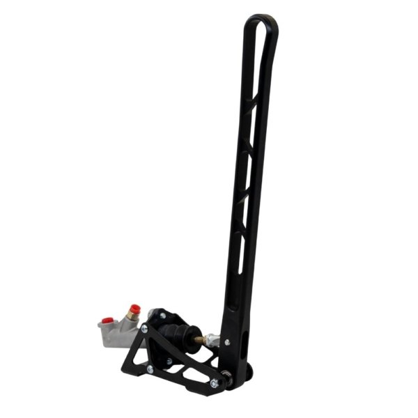 Hydraulic handbrake lever with normal master cylinder position, CNC-machined 6082-T6 aluminum, 410 mm handle, spherical ball bearing pivot, anodized finish (master cylinder not included).