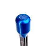 Round shifter knob in blue 6082 aluminium installed on NP Parts short shifter rod, showing four-bolt mount and NP Parts logo