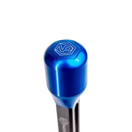 Round shifter knob in blue 6082 aluminium installed on NP Parts short shifter rod, showing four-bolt mount and NP Parts logo