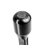 Round shifter knob in graphite 6082 aluminium installed on NP Parts short shifter rod, showing four-bolt mount and NP Parts logo