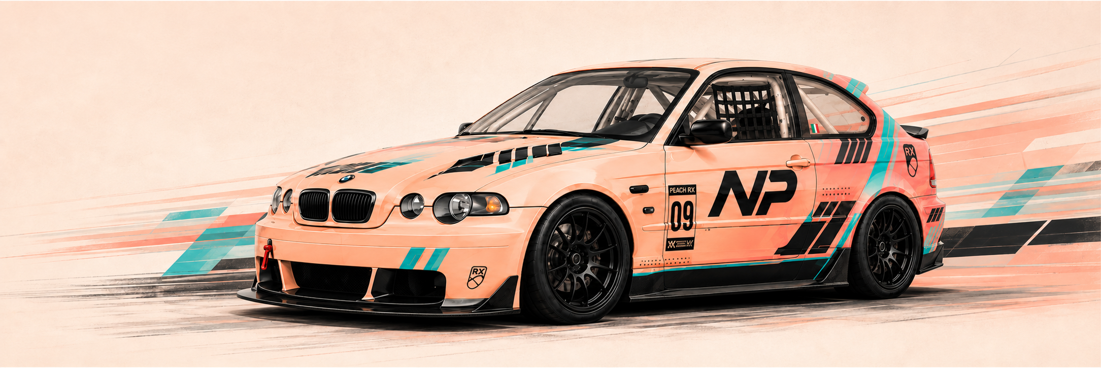Peach and turquoise BMW E46 Compact race car with black racing wheels on a dynamic motorsport background
