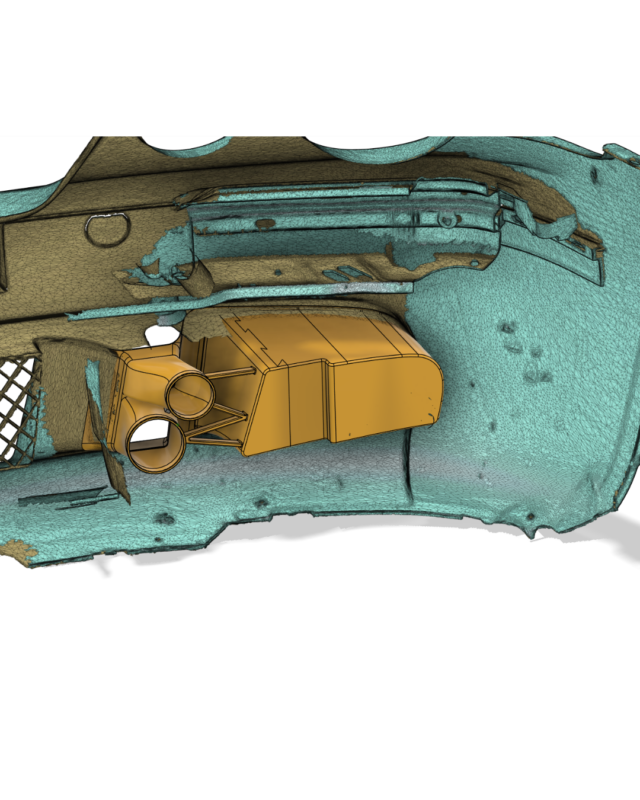 3D scan of the BMW E46 Compact front bumper with the NP Parts 3D-printed brake duct and LED housing designed in CAD
