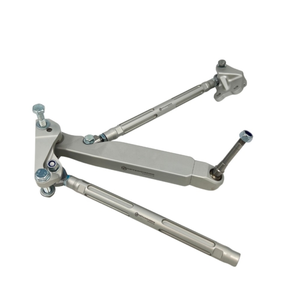 Assembled BMW Billet Front Suspension Kit showing the billet lower control arm, adjustable rods and chassis brackets