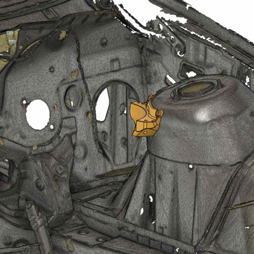 CAD view of the expansion tank bracket on a BMW E46 strut tower