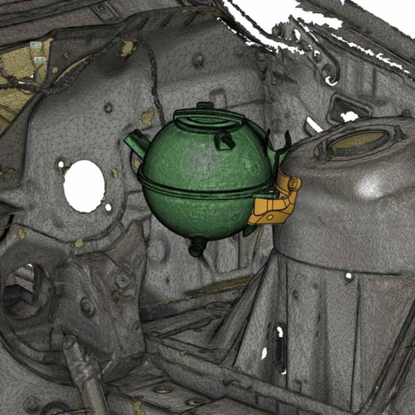 CAD view of the expansion tank bracket fitted with the coolant tank on a BMW E46 strut tower