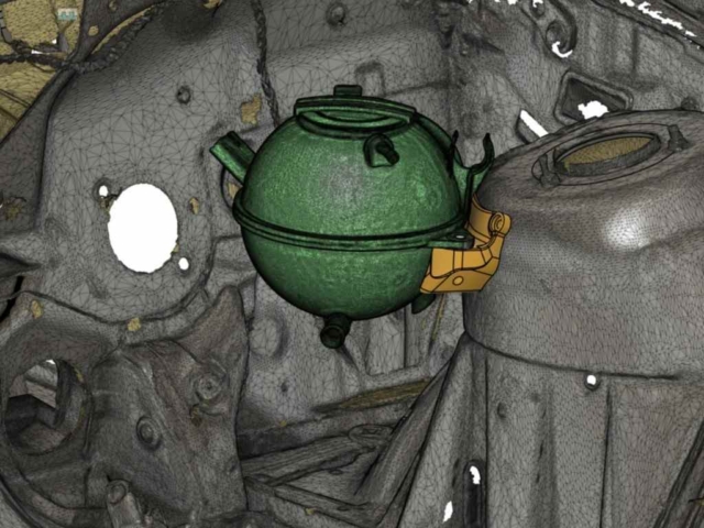 CAD view of the expansion tank bracket fitted with the coolant tank on a BMW E46 strut tower
