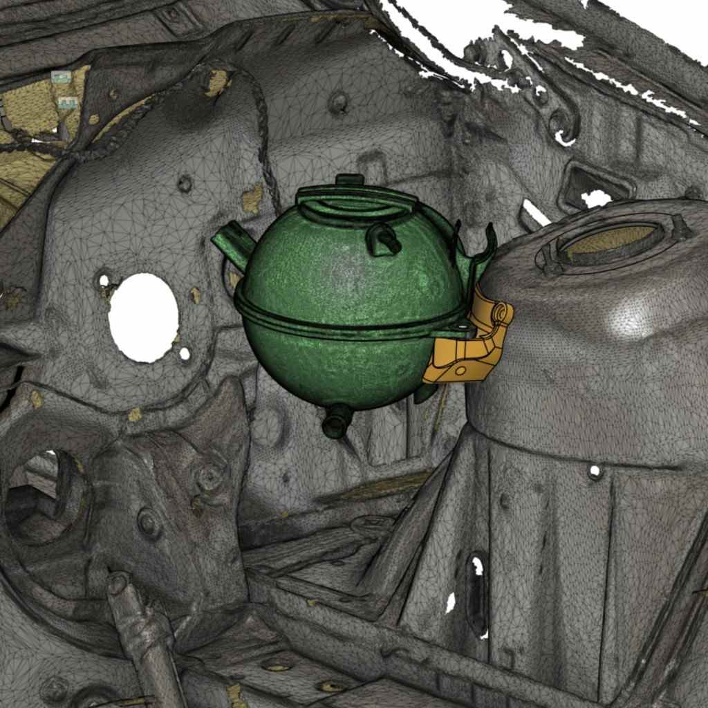 CAD view of the expansion tank bracket fitted with the coolant tank on a BMW E46 strut tower